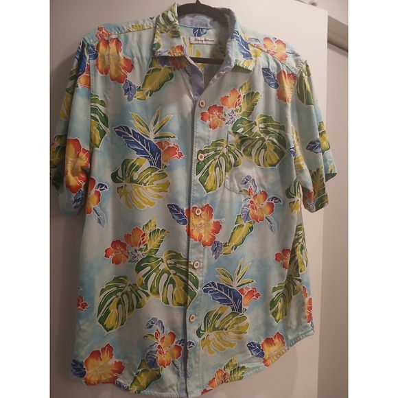 Tommy Bahama Other - Tommy Bahama Silk Shirt Mens M Hawaiian Botanical Floral Fern Blue Button Up